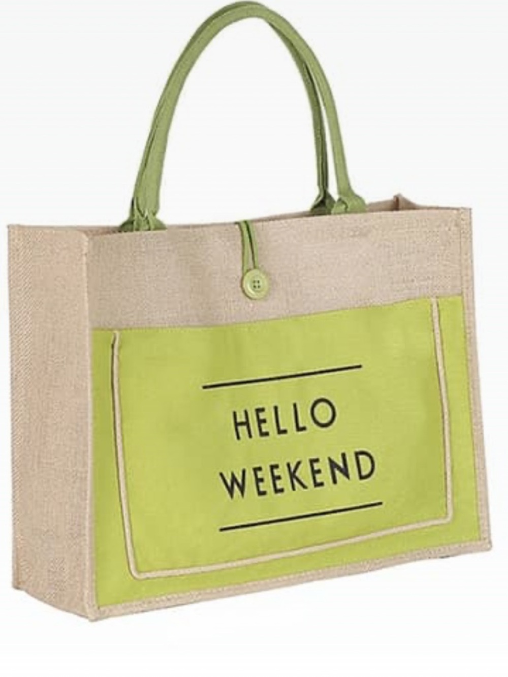 Green "Hello Weekend" Jute Burlap Tote Bag